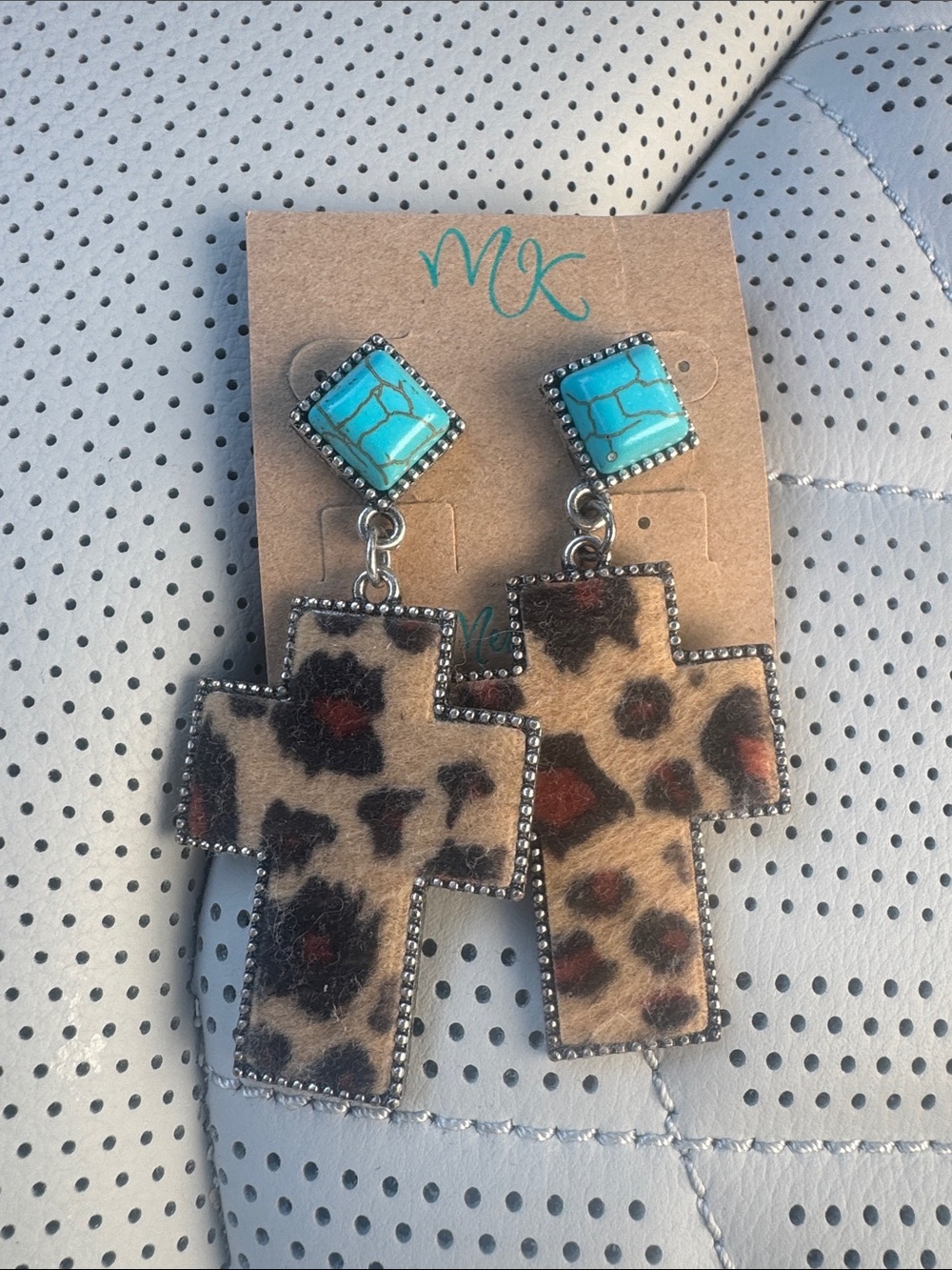 Leopard Cross Drop Earrings with Turquoise Accents